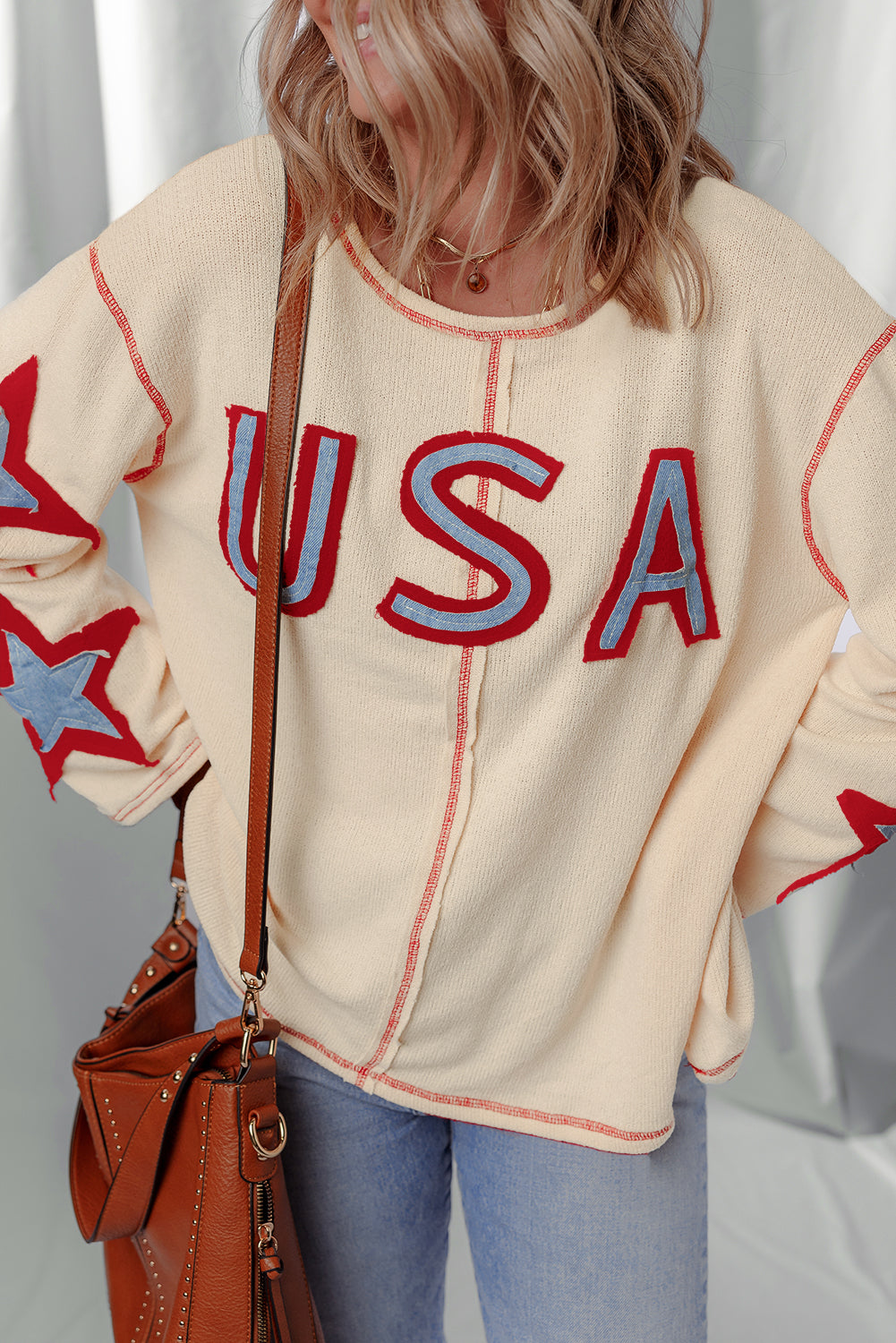 Beige USA Star Contrast Patchwork Exposed Seam Long Sleeve Top - eAura