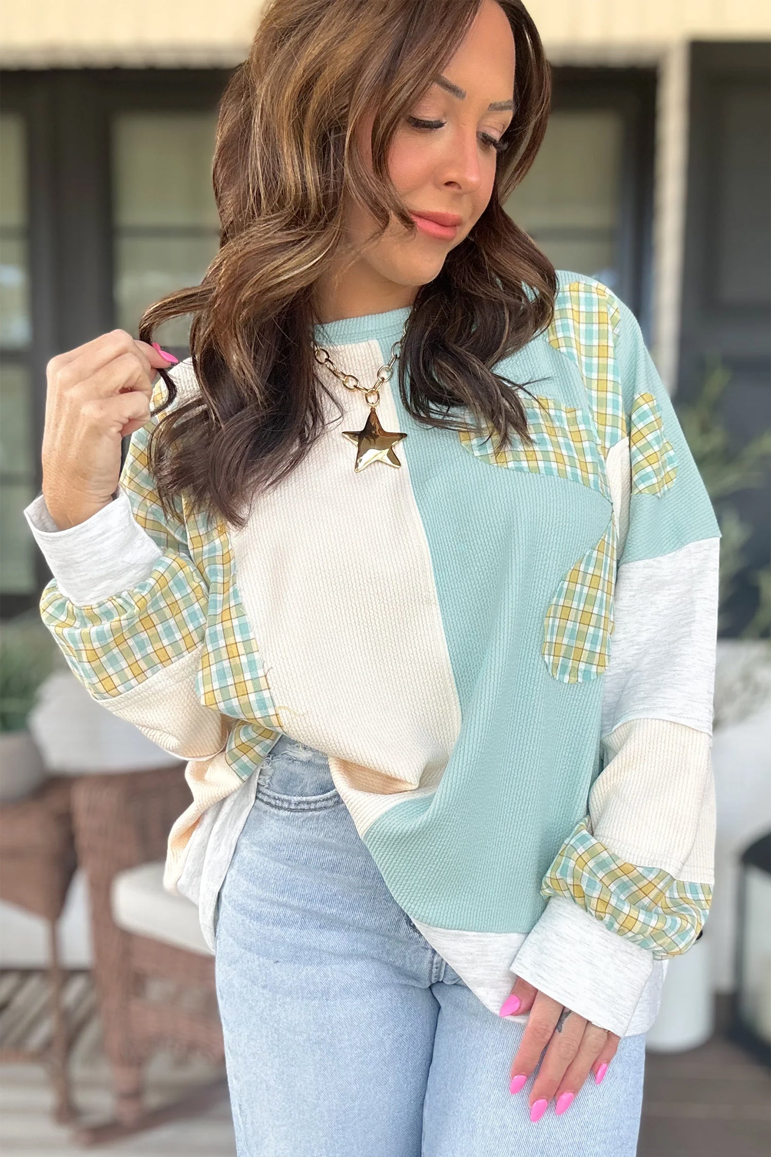 Plaid Patchwork Round Neck Long Sleeve Top – Light Blue