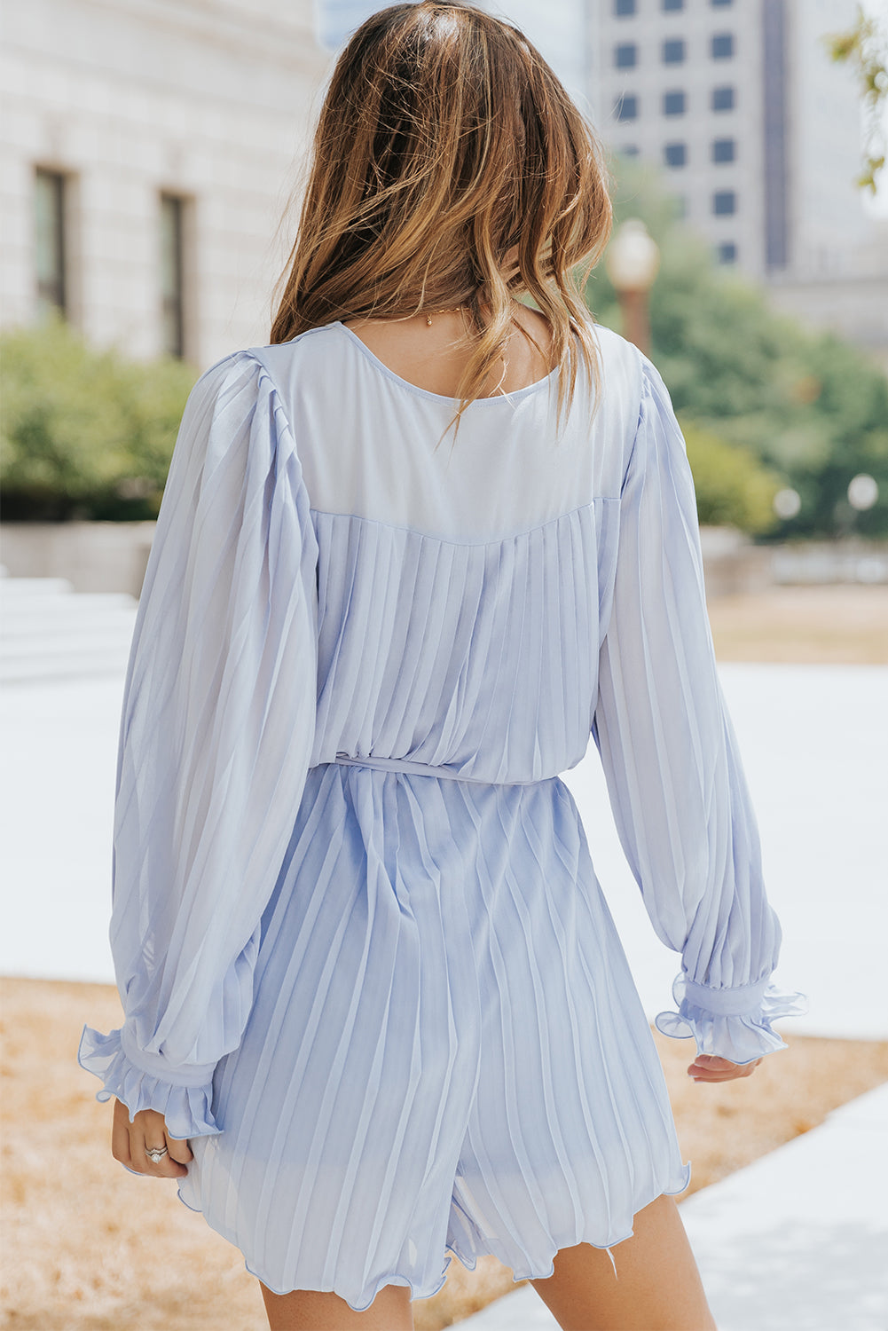 Pink Pleated Ruffled Tie Waist Buttons V Neck Romper eAura