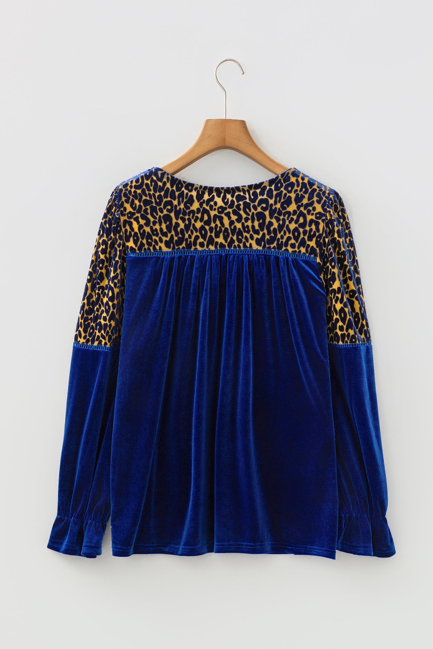 Leopard Patchwork Shoulder Flounce Sleeve Velvet Blouse - Occasionwear/party tops