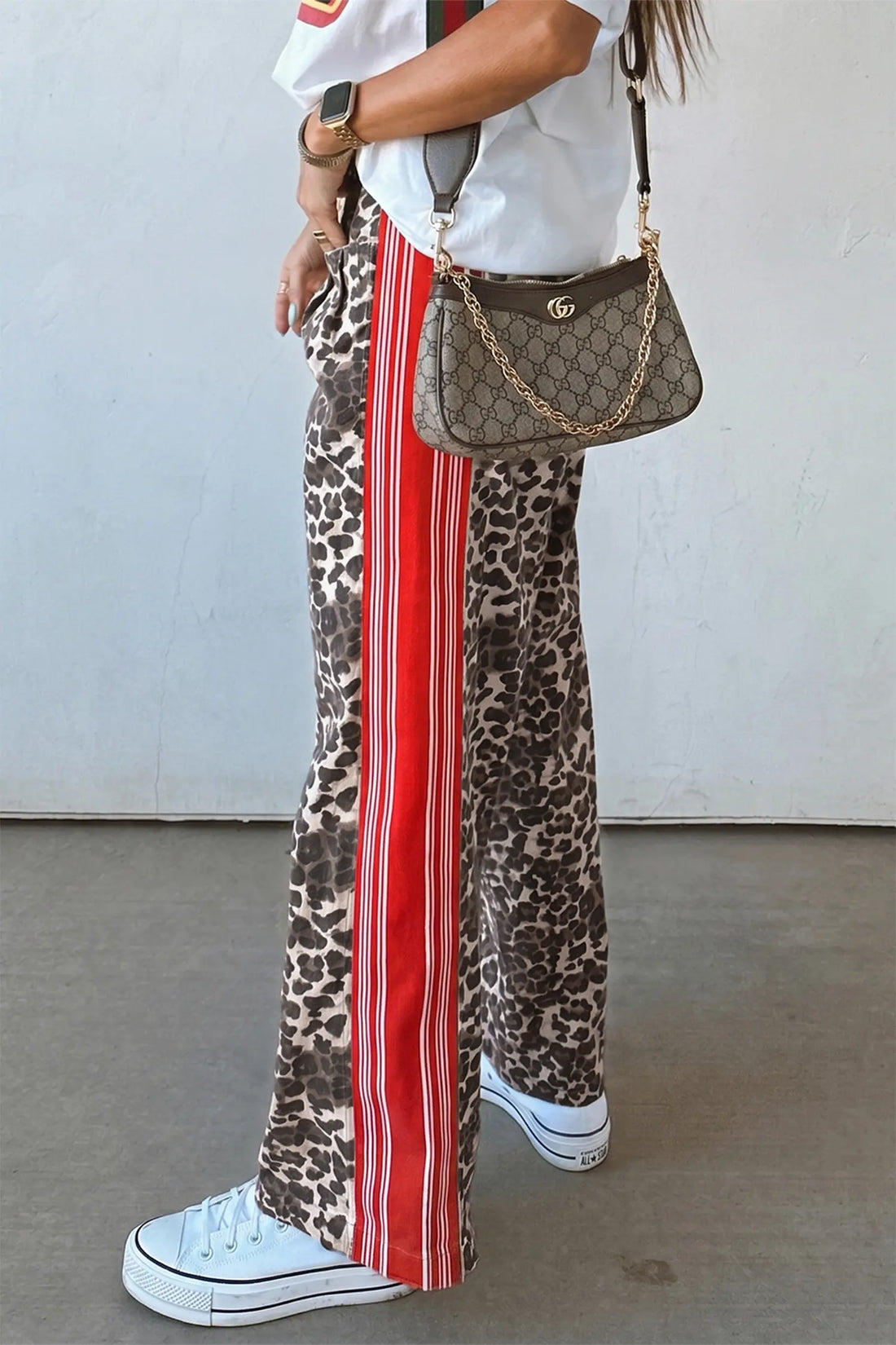Leopard Patchwork Elastic Waist Jeans – Brown
