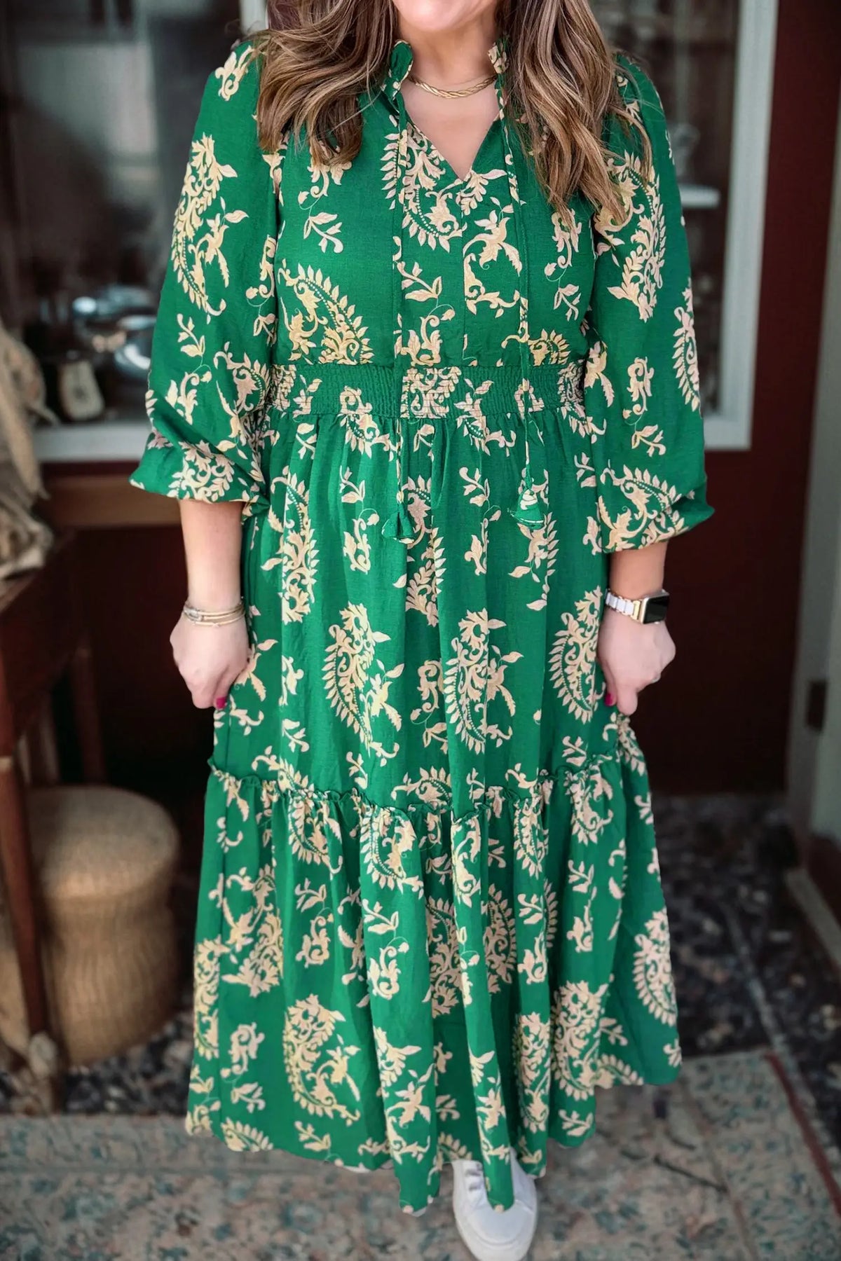 Floral Print V Neck Shift Dress Plus Size Dress – Green