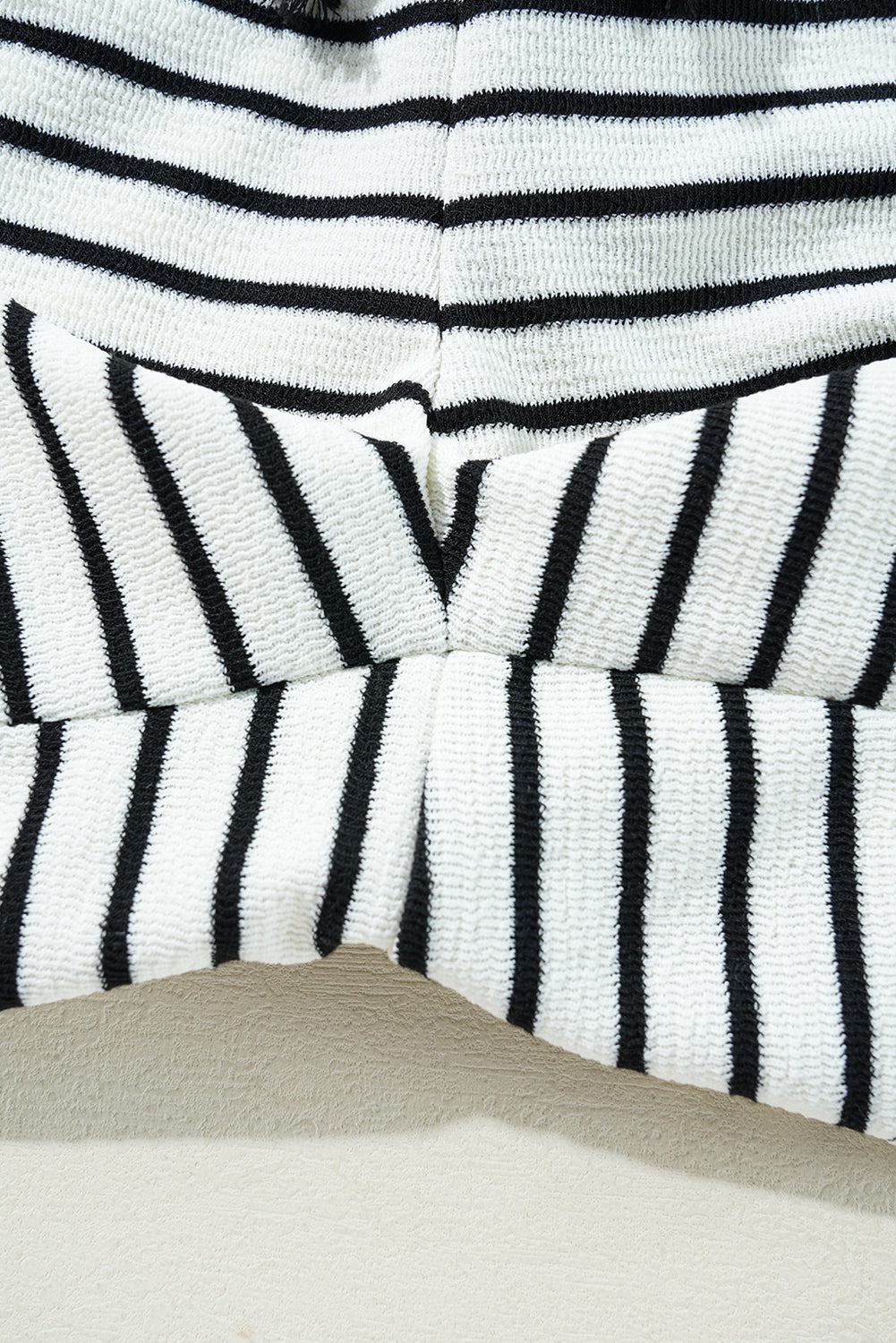 Black Stripe Collared Long Sleeve Top and Drawstring Shorts Set eAura