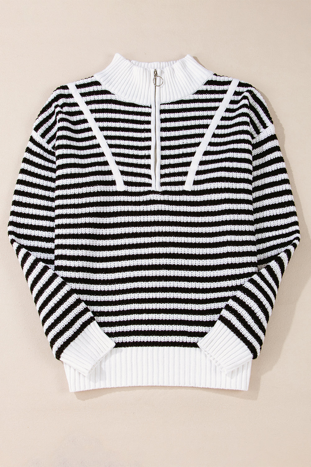 Black Stripe Zip up Collar Drop Shoulder Sweater eAura