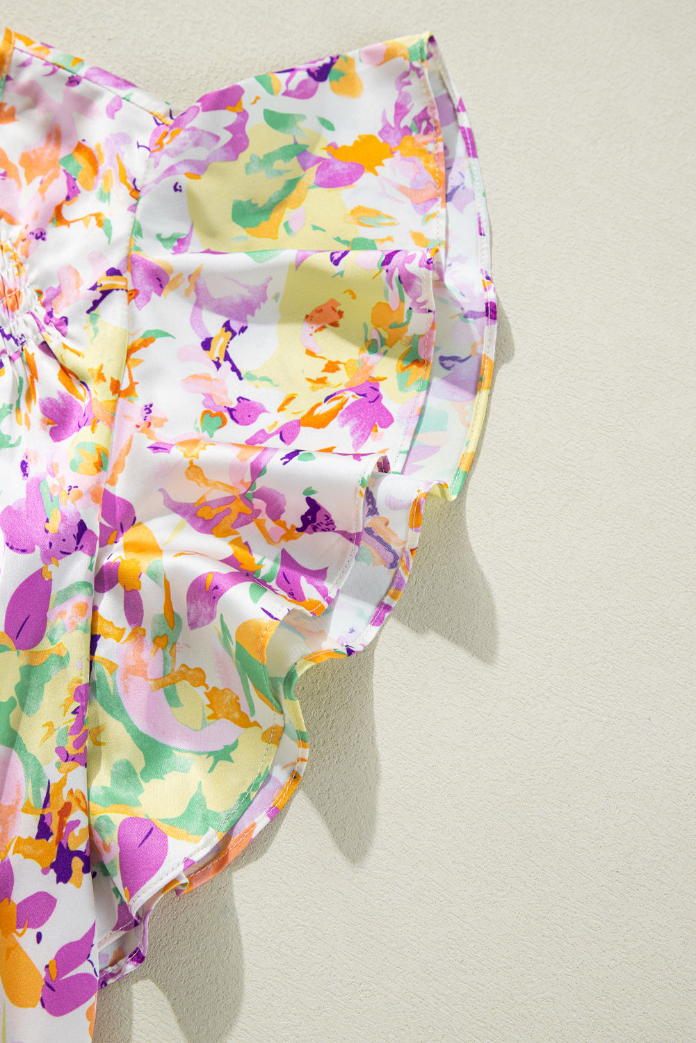 Purple Abstract Printed Ruffled Short Sleeve Notched Neck Blouse eAura