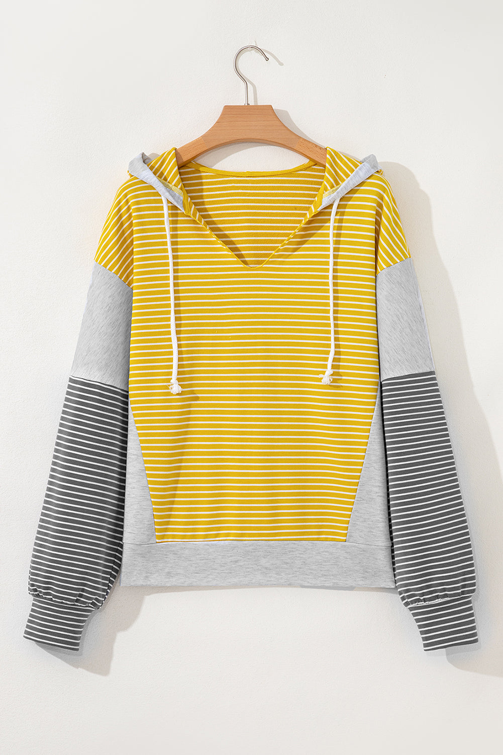 Yellow Stripe Drawstring V-Neck Loose Fit Hooded Top - eAura