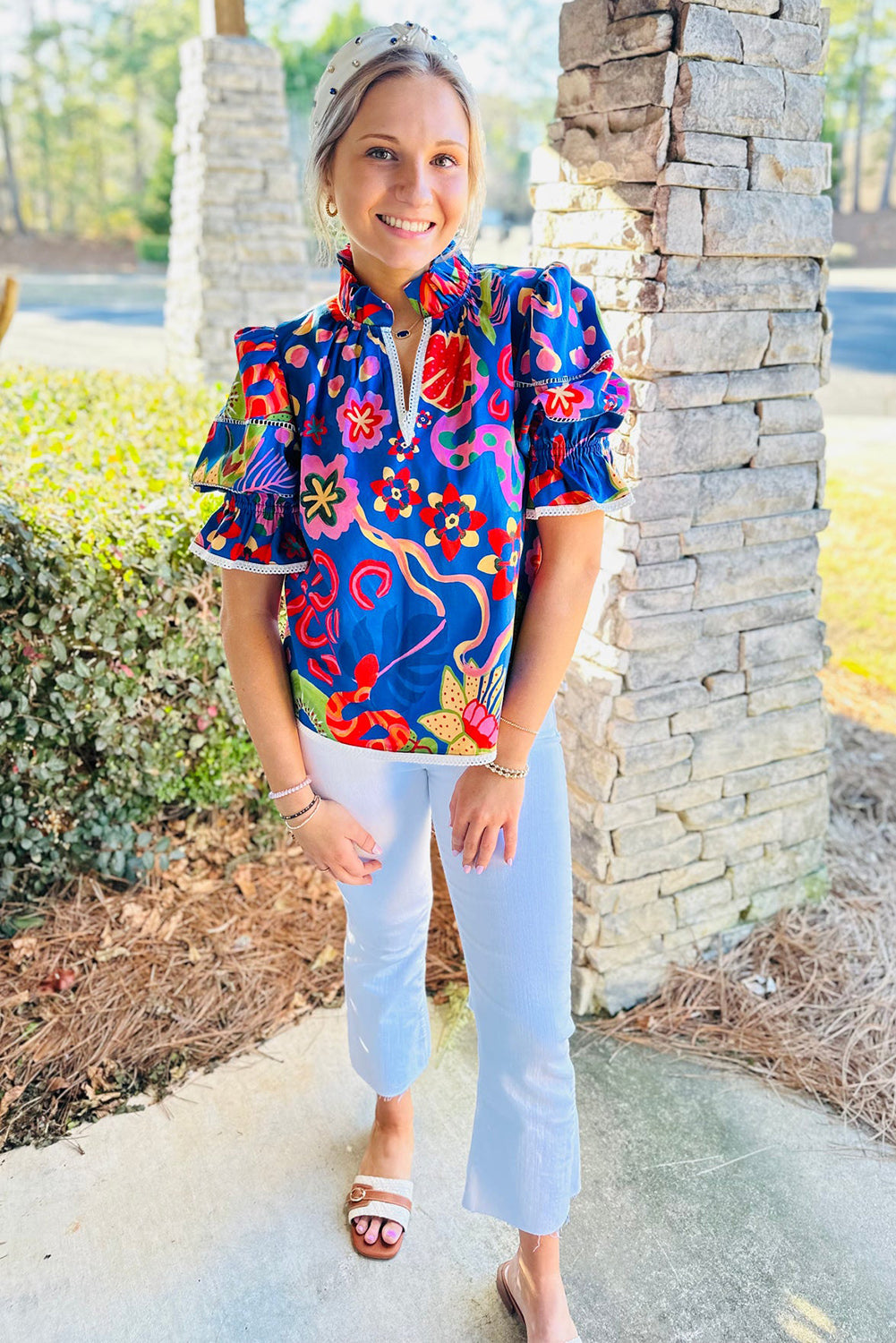 Blue Abstract Print Frilled Collar Ruffled Puff Short Sleeve Top eAura
