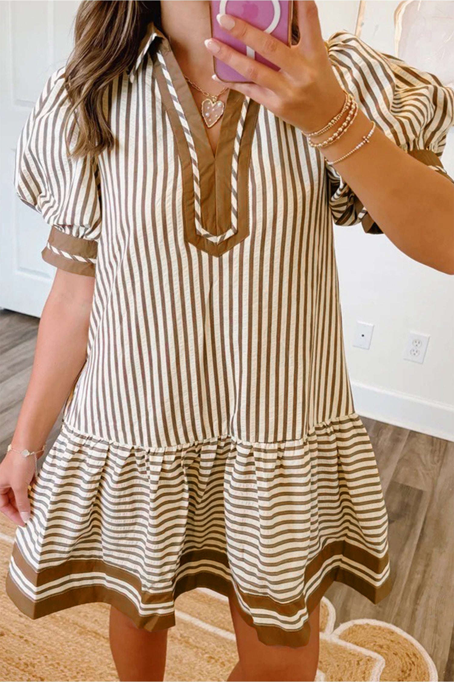 Shirt Collar Color Block Patchwork Trim Ruffle Hem Short Dress – Brown Stripe