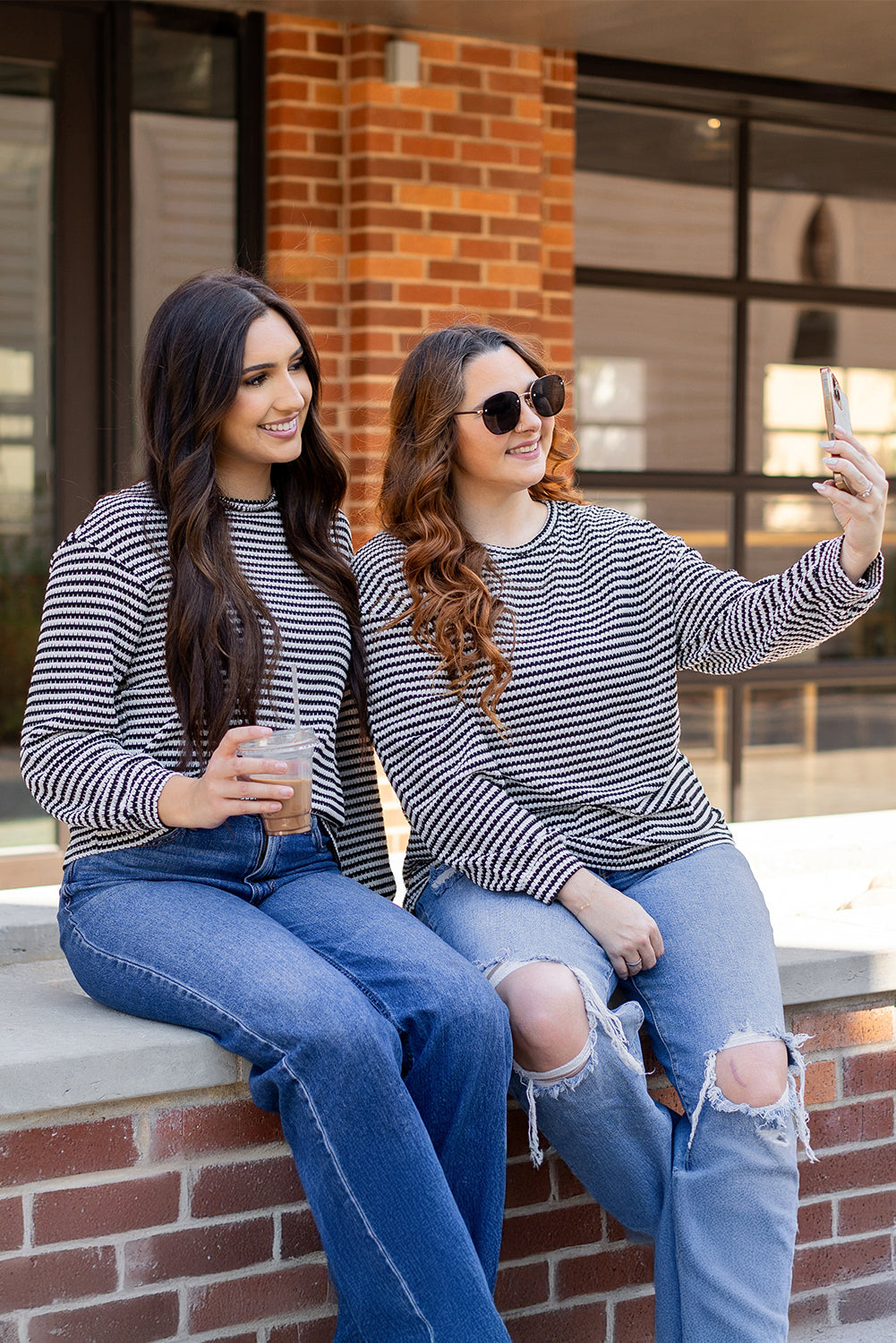 Rose Stripe Round Neck Drop Shoulder Long Sleeve Top Beagle Boutique Fashion Outlet
