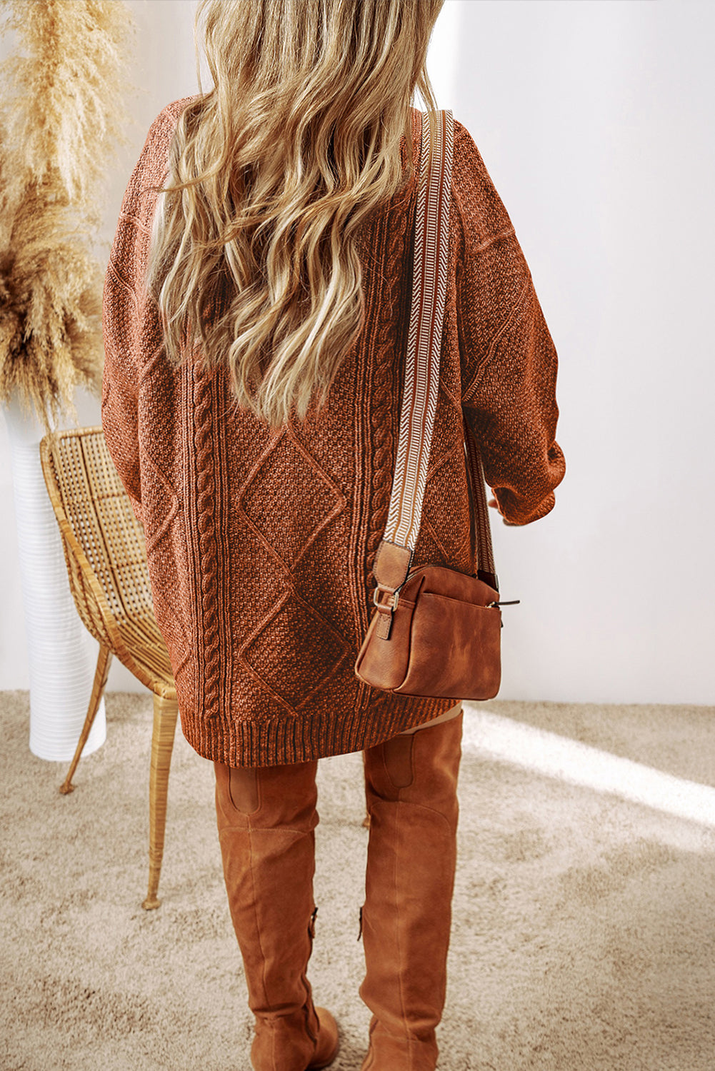 Cable Knit Drop Shoulder Sweater Dress – Brown, Black, Green, Beige & Burgundy