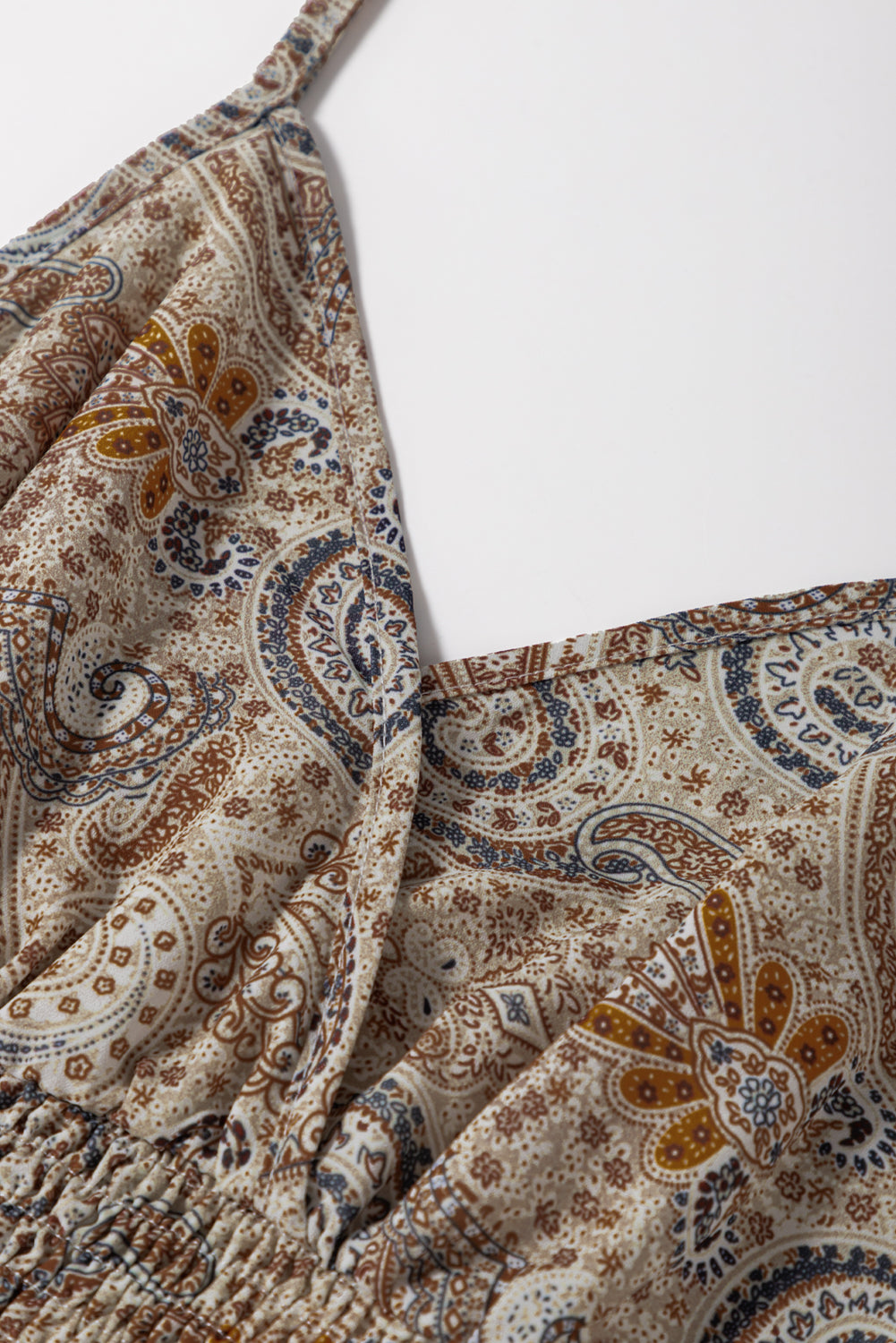 Khaki Paisley Printed Spaghetti Strap V Neck Smocked Babydoll Vest Top - eAura