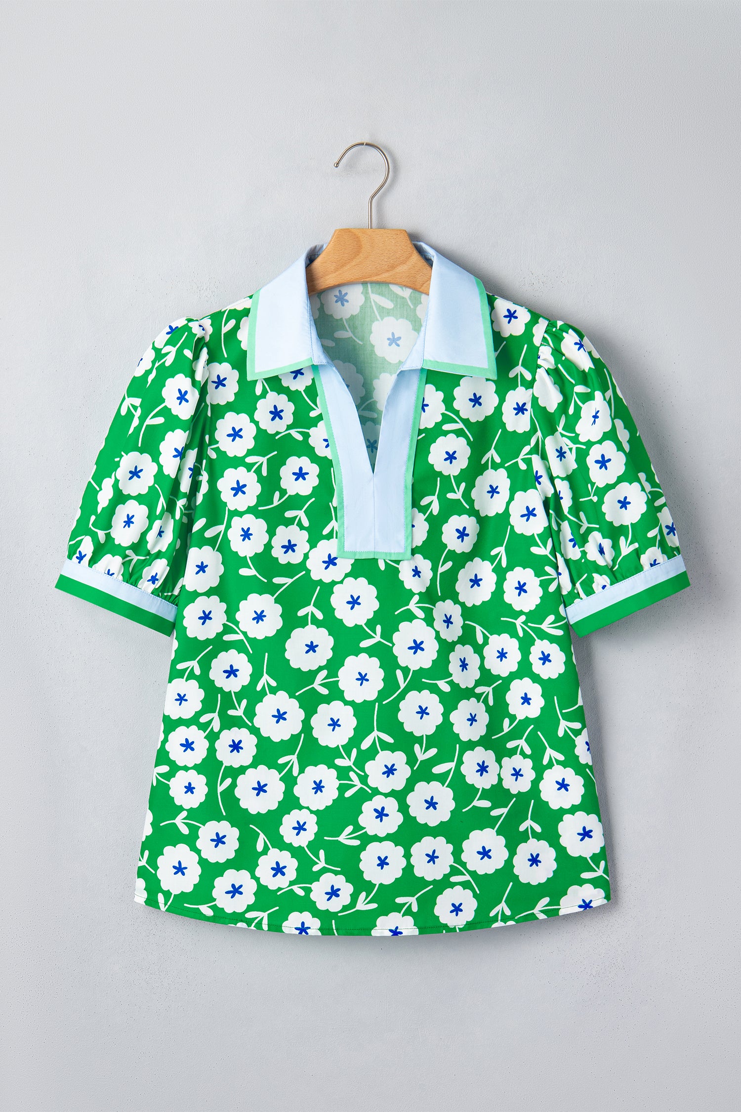 Flower Printed Contrast Patchwork Collar Short Sleeve Blouse – Green