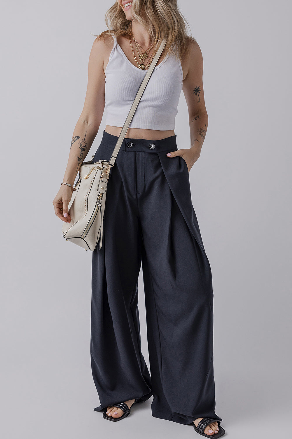 Dirty blue Dual Buttoned High Waist Pleated Wide Leg Trousers BB Fashion Outlet