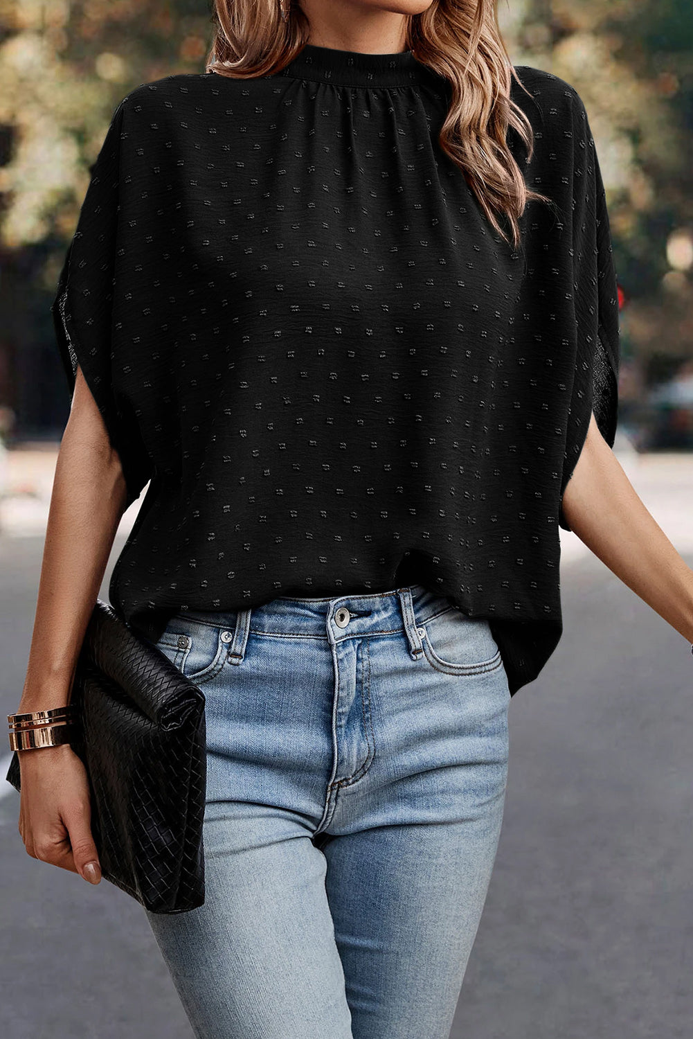 Mist Green Swiss Dot Mock Neck Batwing Sleeve Blouse BB Fashion Outlet