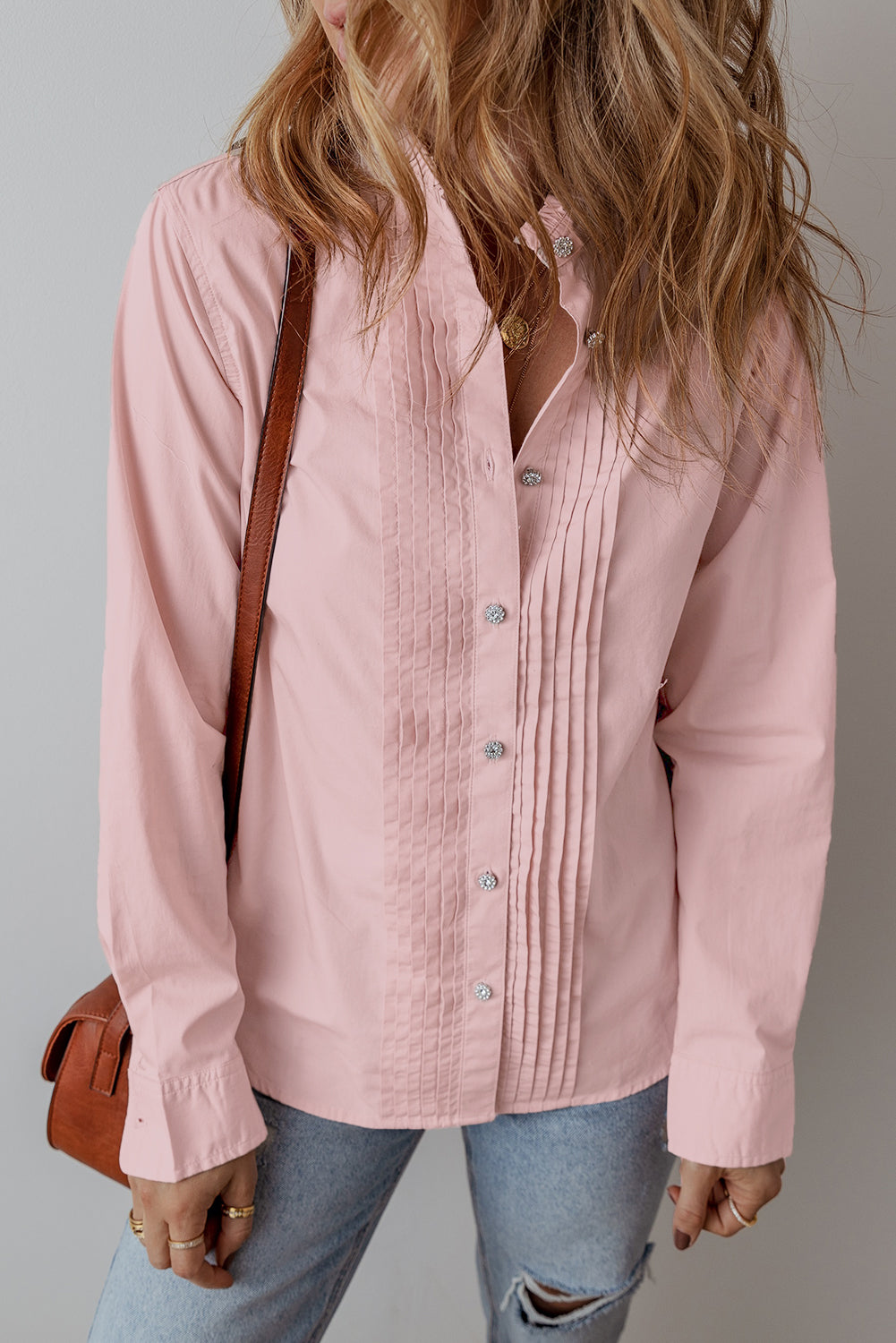 Light Pink Pleated Button-Up Loose Fit Casual Shirt Beagle Boutique Fashion Outlet