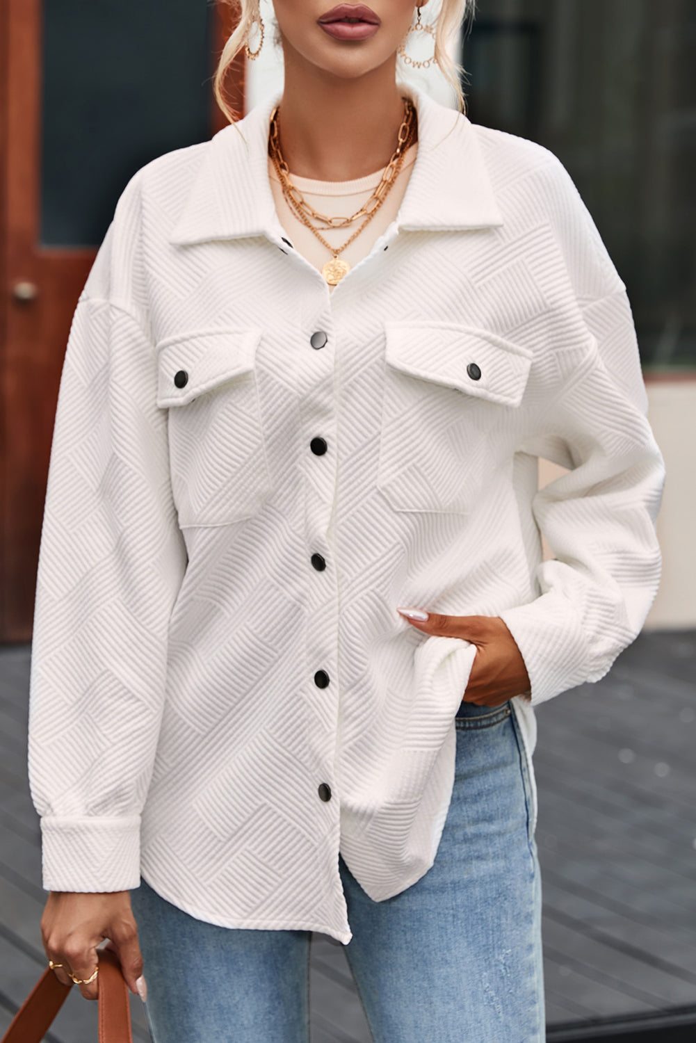 Solid Textured Flap Pocket Buttoned Shacket eAura