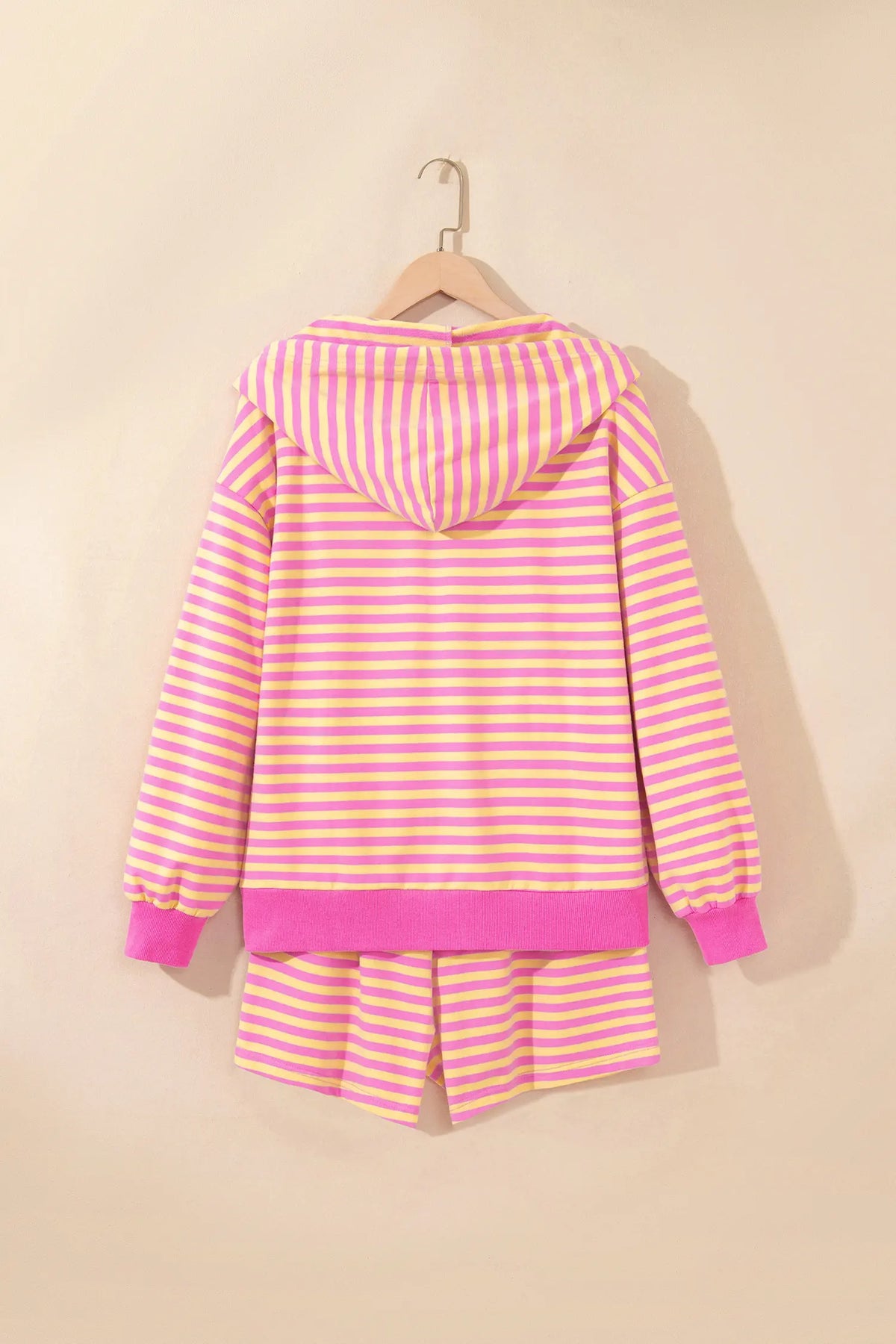 Striped Long Sleeve Zip-Up Hoodie Drawstring Elastic Waist 2pcs Short Set – Rose Red