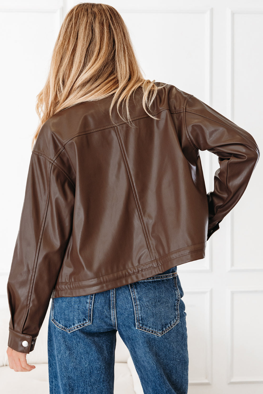 Brown Double Flap Pocket Drawstring Hem Leather Jacket - eAura