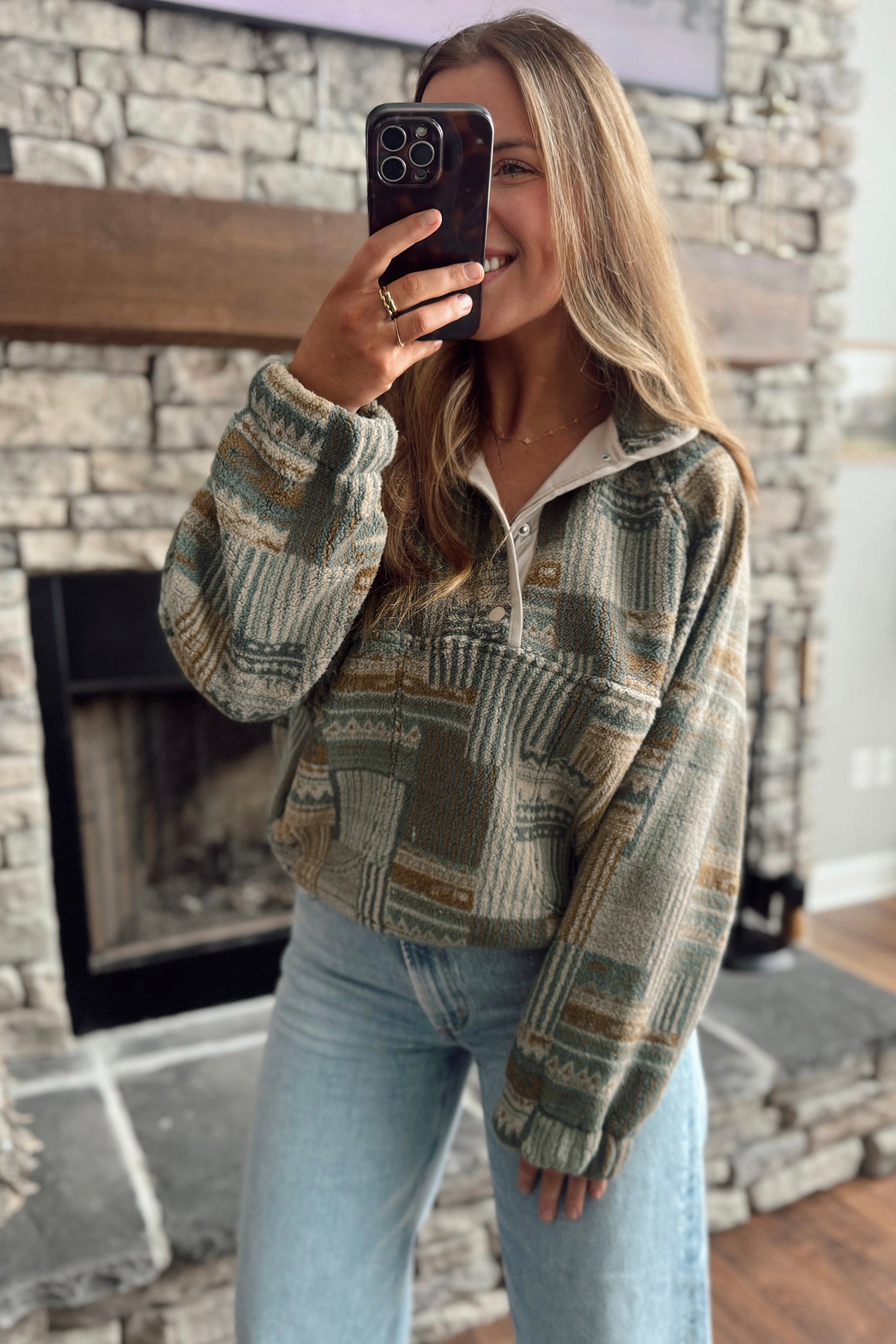 Western Print Fleece Pullover Long Sleeve Casual Fit Sweatshirt – Green