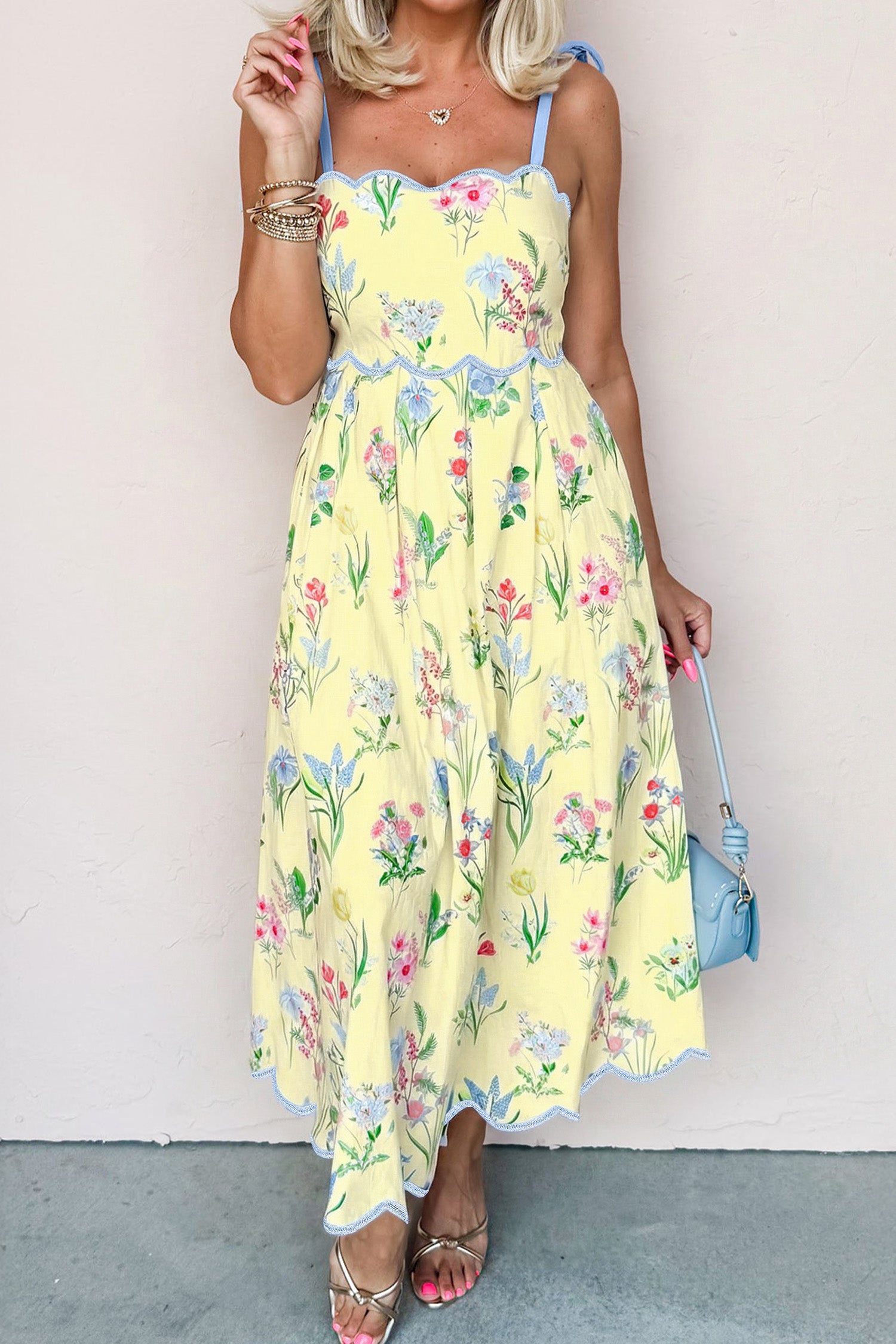 Floral Print Contrast Trim Self-Tie Straps Midi Dress