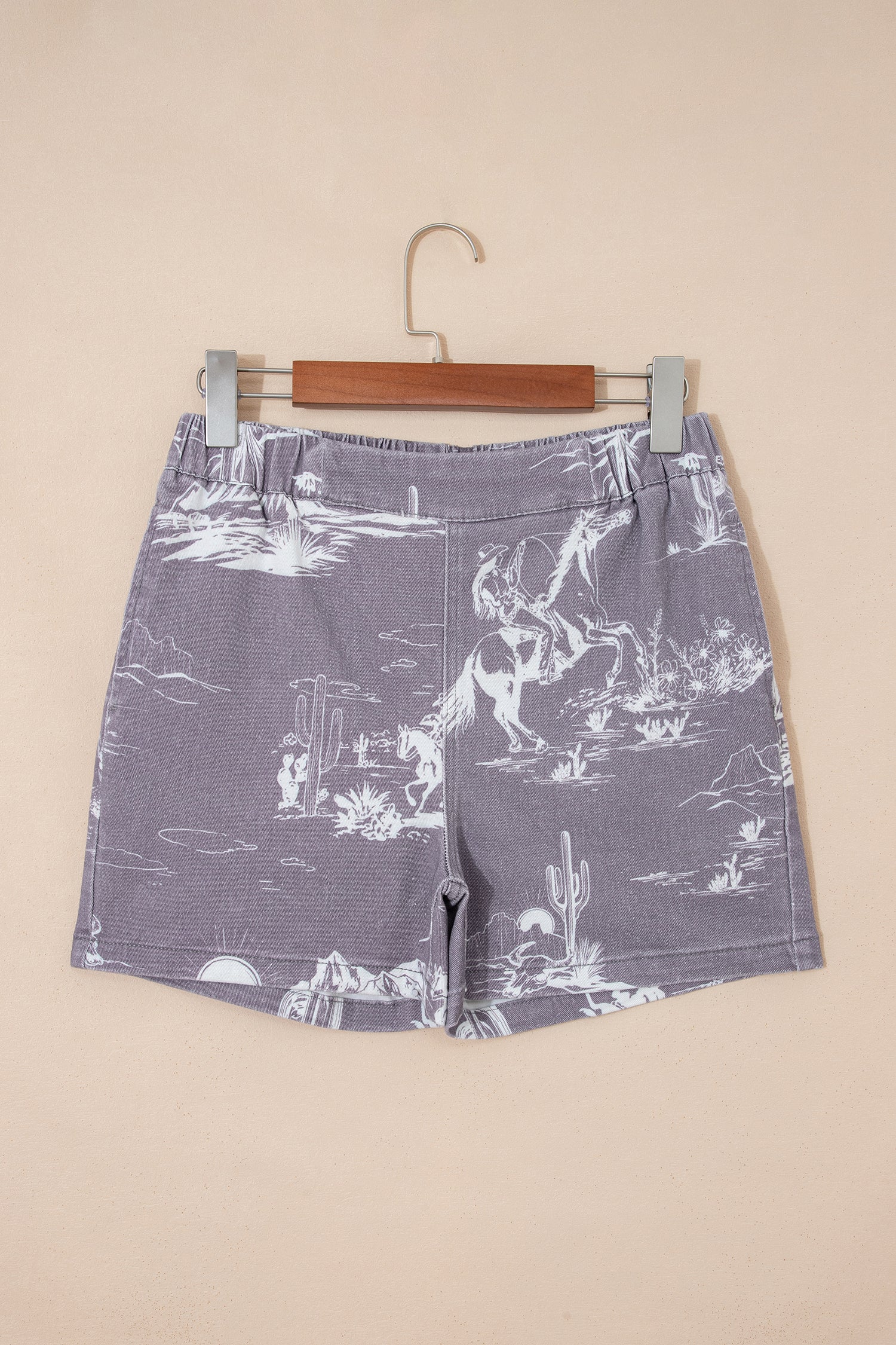 Western Print Elastic Waist Cotton Denim Shorts