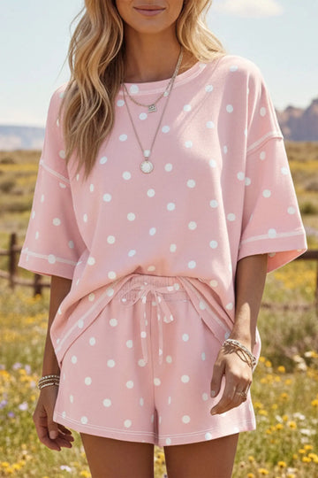 Polka Dot Short Sleeve Loose Top Drawstring Shorts Set – Pink