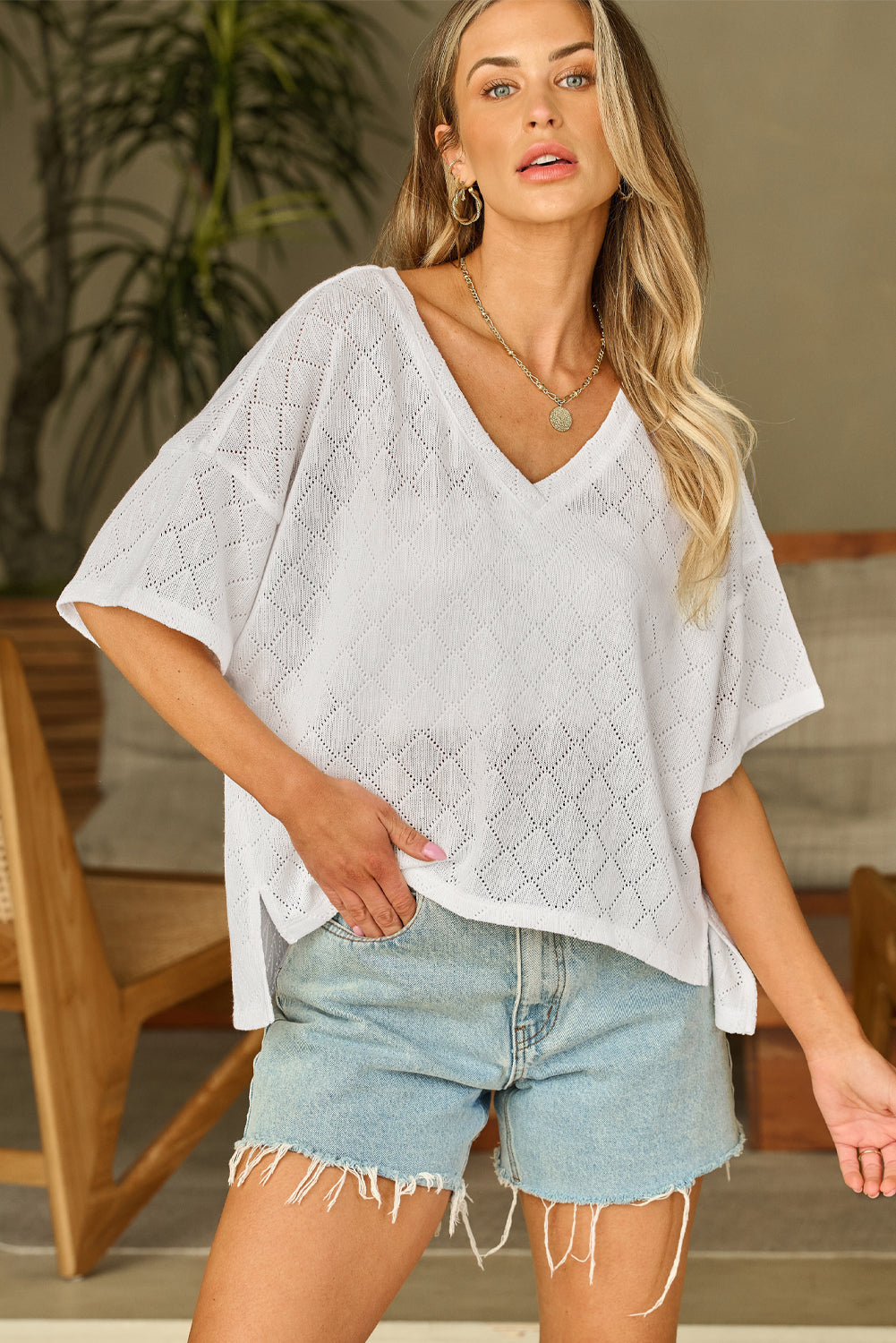 White V Neck Knitted Flowy Blouse eAura