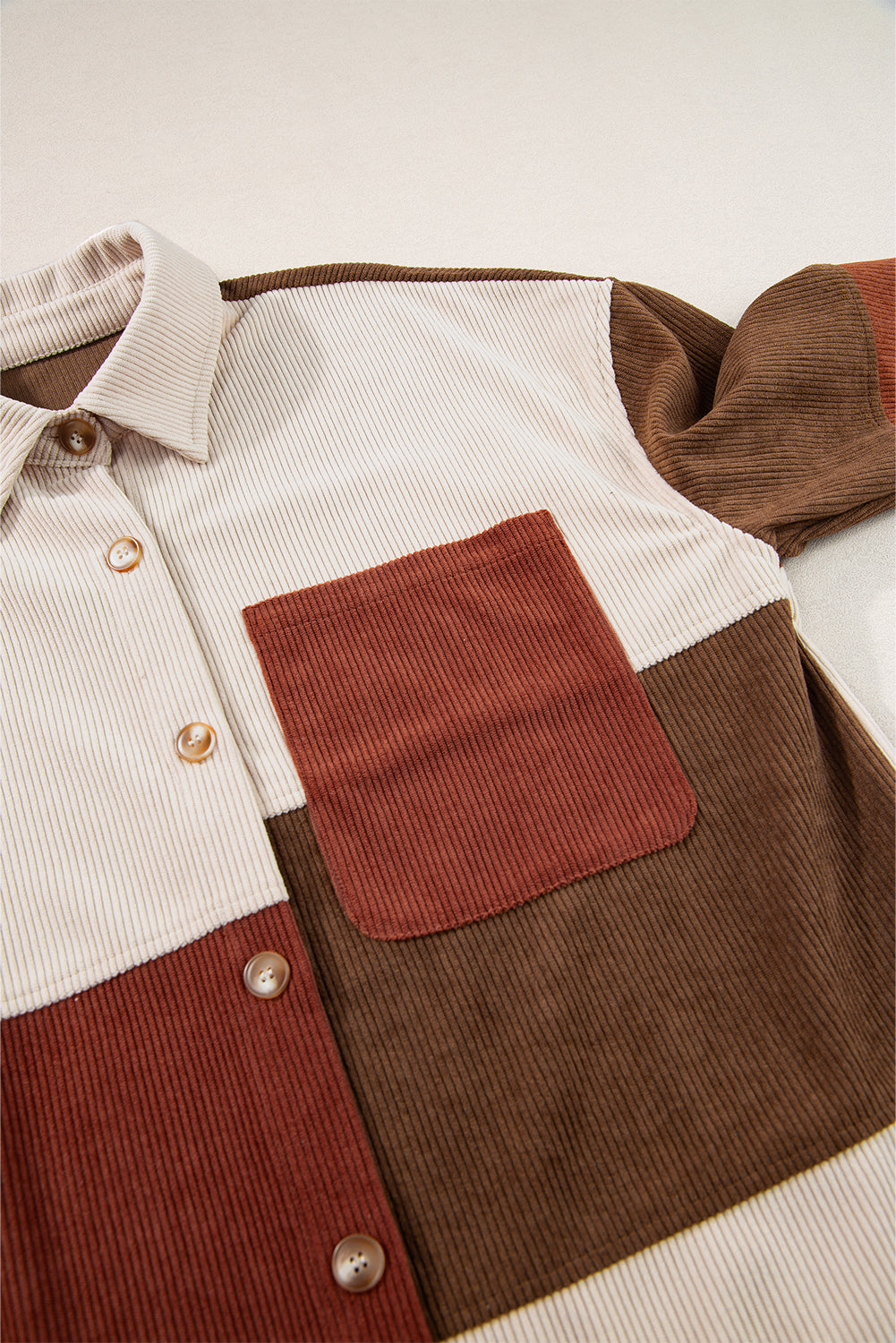 Cinnamon Colourblock Curved Hem Corduroy Shacket with Pocket Beagle Boutique Fashion Outlet