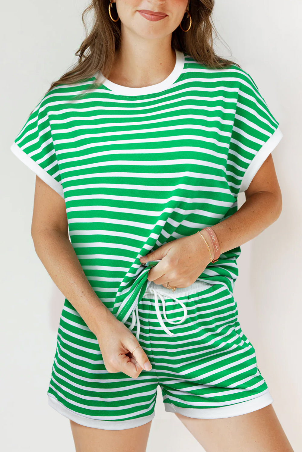 Dark Green Striped Cap Sleeve Tee and Shorts Set eAura