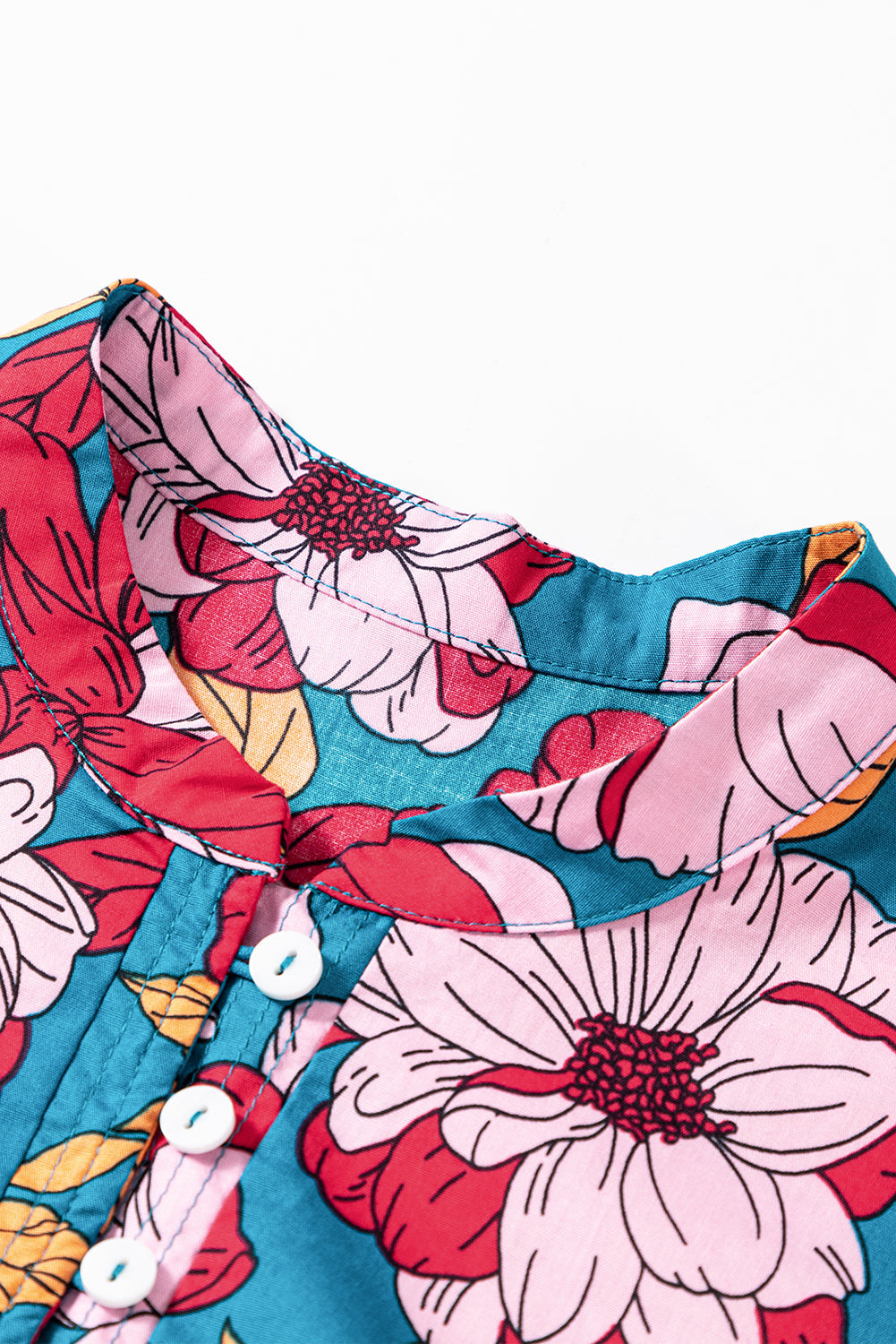 Red Floral Printed Balloon Sleeve Half Buttons Blouse eAura