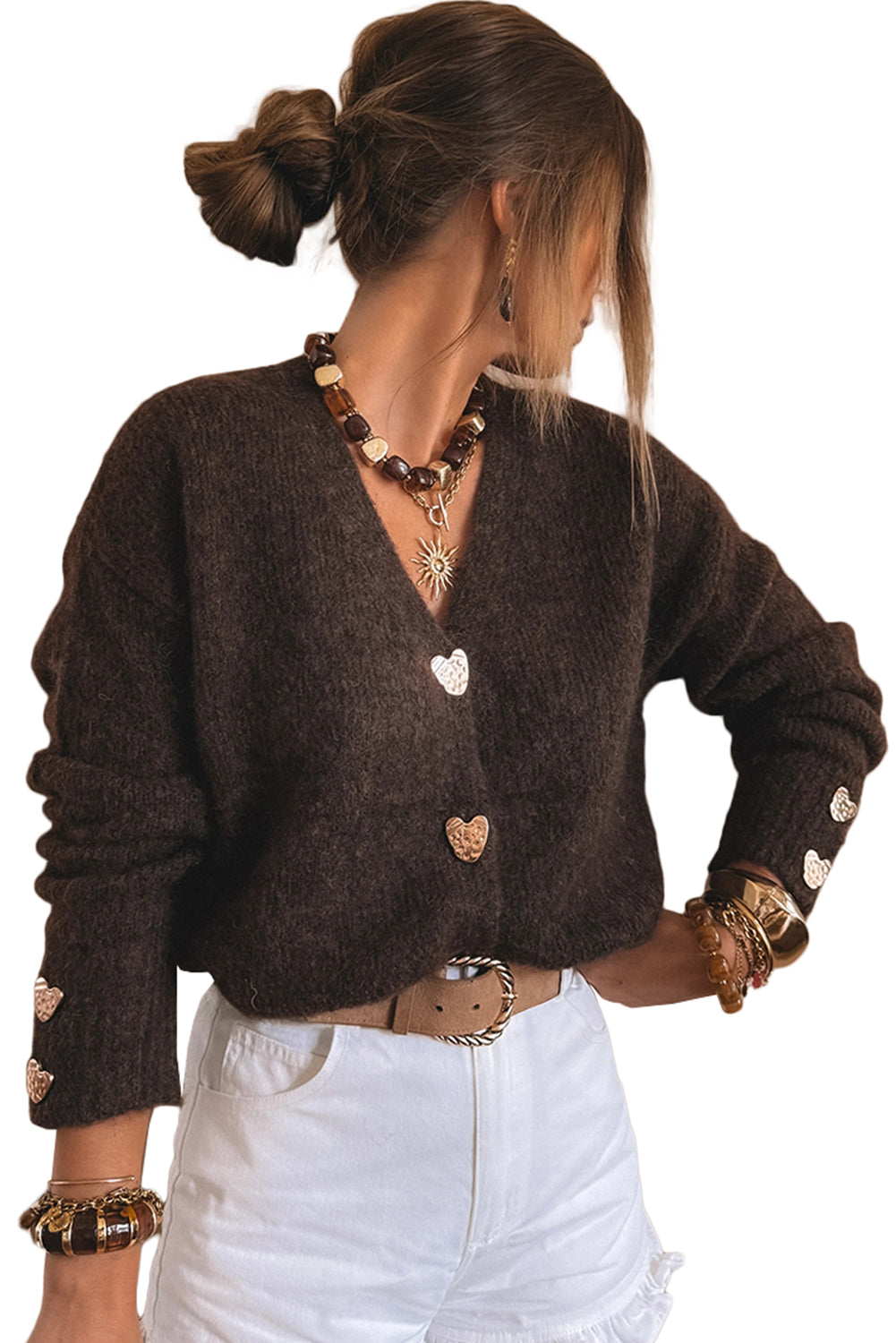 Heart Metal Button V-Neck Cardigan