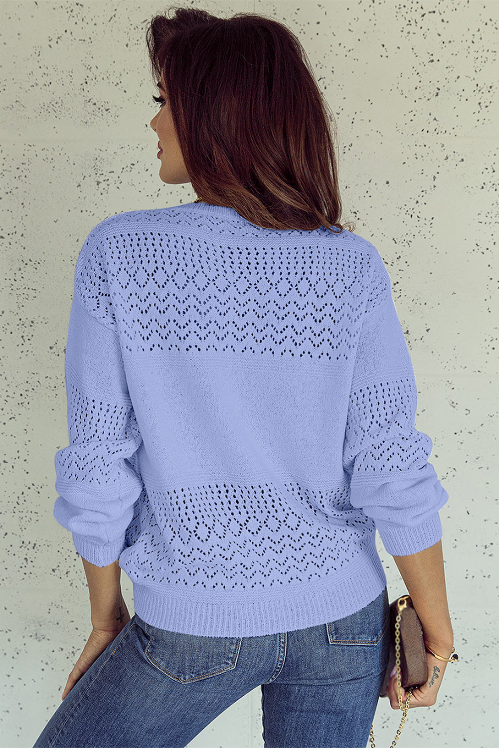 Sky Blue Eyelet Pattern Detail V Neck Drop Shoulder Sweater eAura