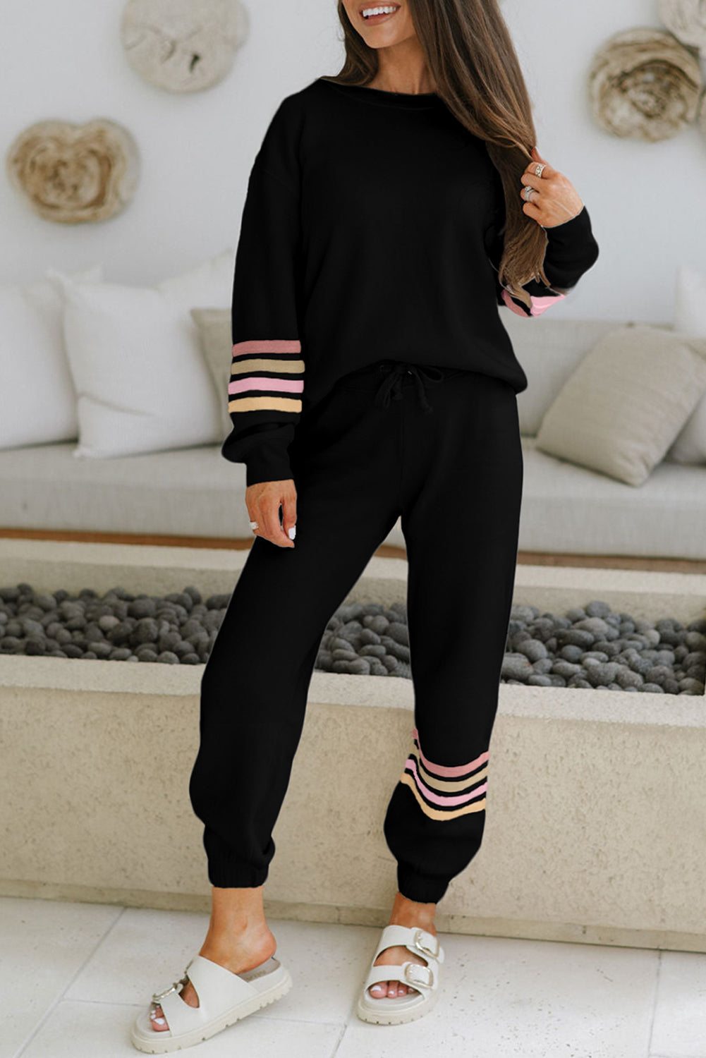 Striped Drop Shoulder Pullover and Joggers - eAura