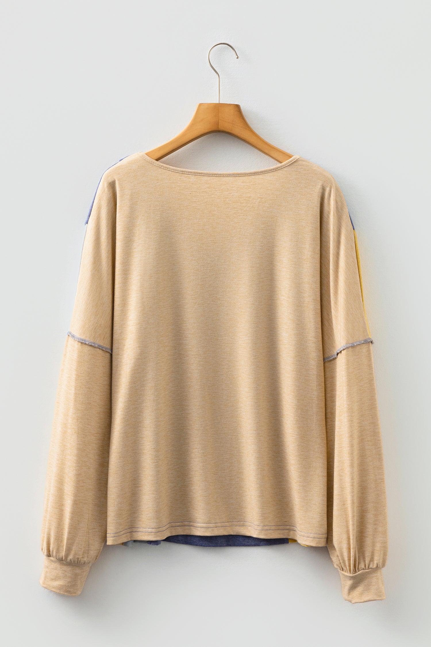 Exposed Stitching Colour-block V-Neck Long Sleeve Top - eAura