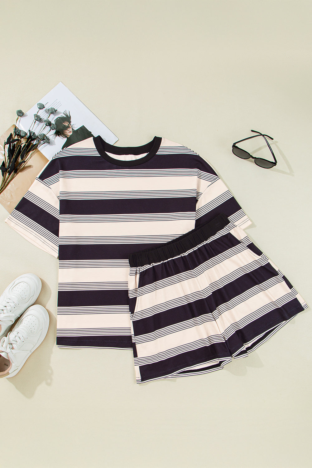Black Stripe Short Sleeve T Shirt and High Waist Pocketed Shorts Set eAura