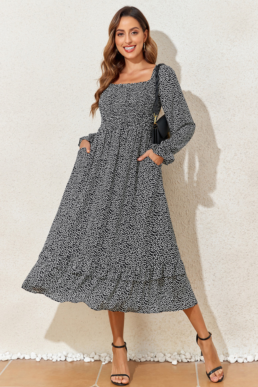 Black Floral Printed Long Sleeve Square Neck Midi Dress eAura