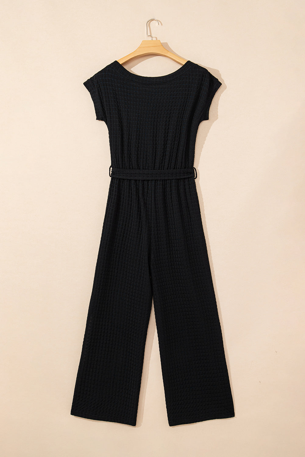 Black Checkered Mesh One Shoulder Short Sleeve Knotted Waist Jumpsuit eAura