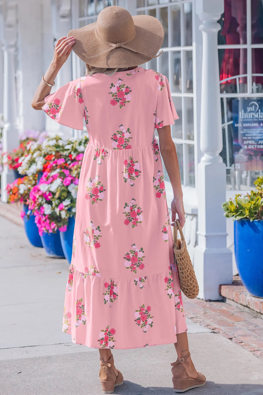 Floral Print Flutter Sleeve Maxi Dress