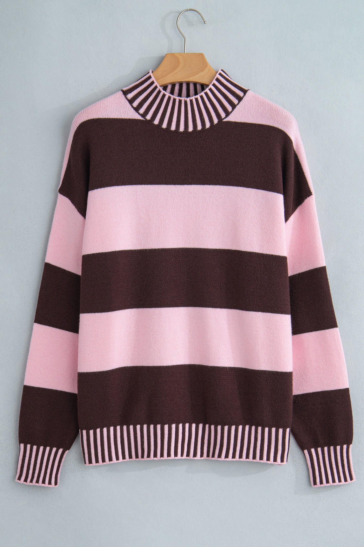 Contrast High Neck Dropped Shoulder Relaxed Pullover Sweater – Pink Stripe