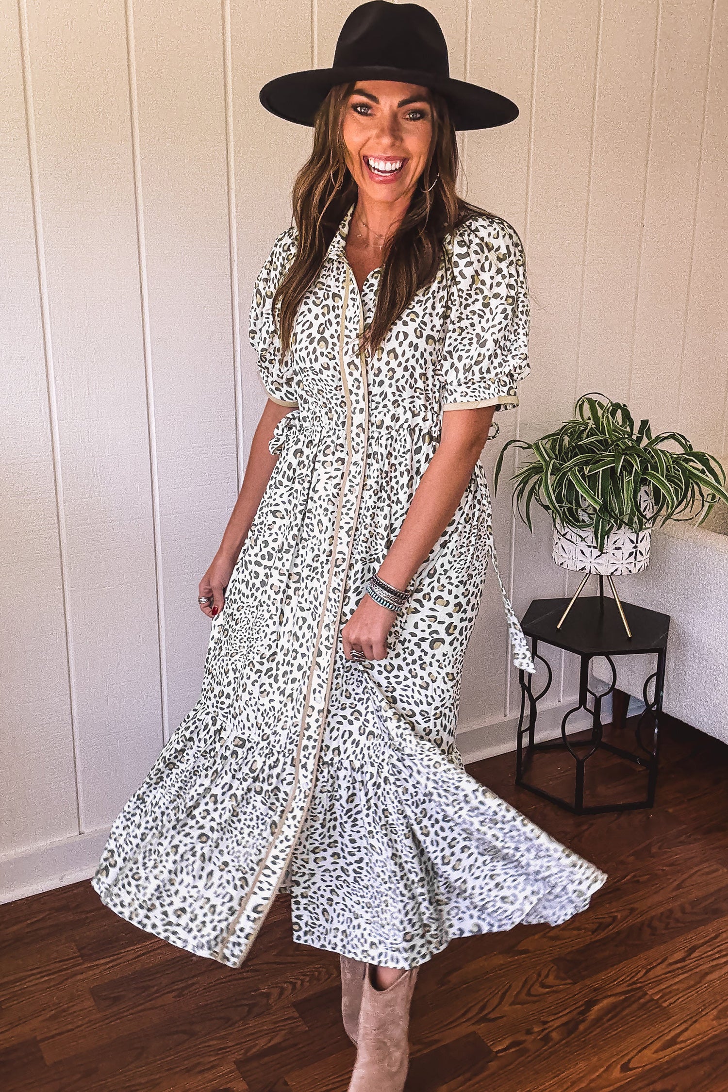 Leopard Print Puff Sleeve Maxi Dress – White