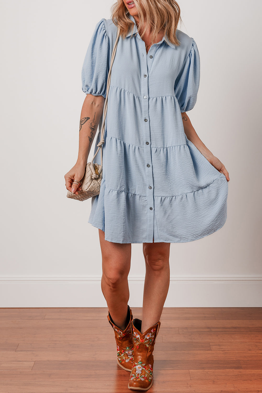 Beau Blue Shirt Collar Button Up Short Puff Sleeve Tiered Shift Dress - eAura