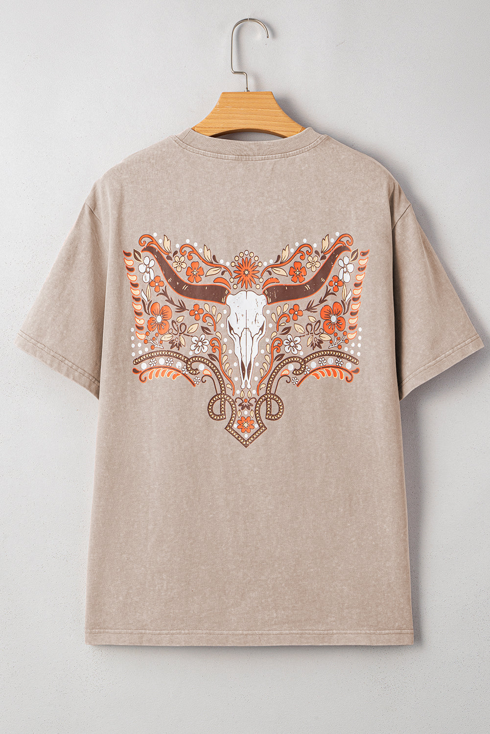 Smoke Grey Mineral Wash Floral Steer Head Printed Back Western Fashion Tee eAura