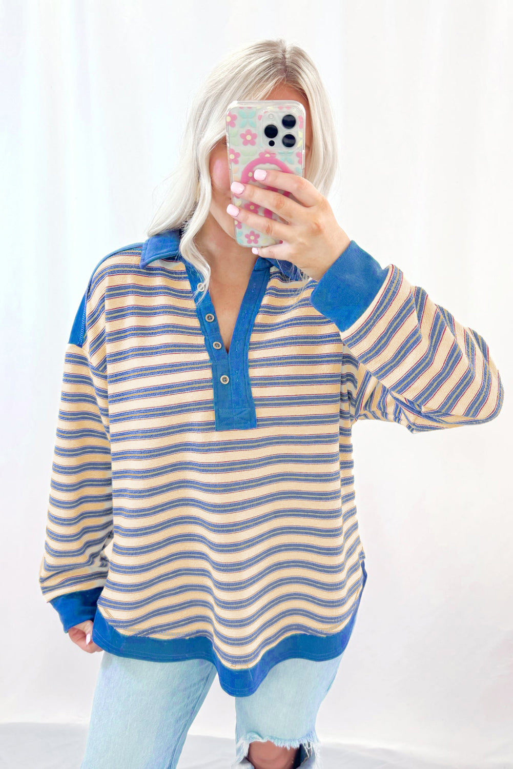 Blue Stripe Buttoned V Neck Collared Drop Shoulder Top BB Fashion Outlet