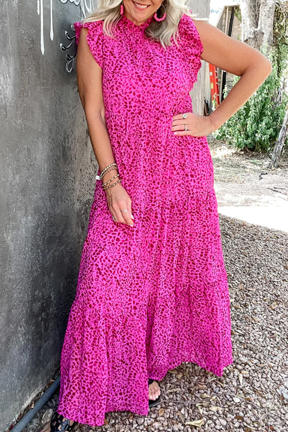 Rose Red Leopard Print Ruffled Trim Tiered Maxi Dress eAura