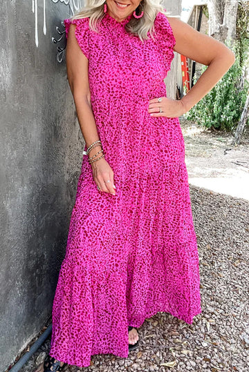 Rose Red Leopard Print Ruffled Trim Tiered Maxi Dress eAura