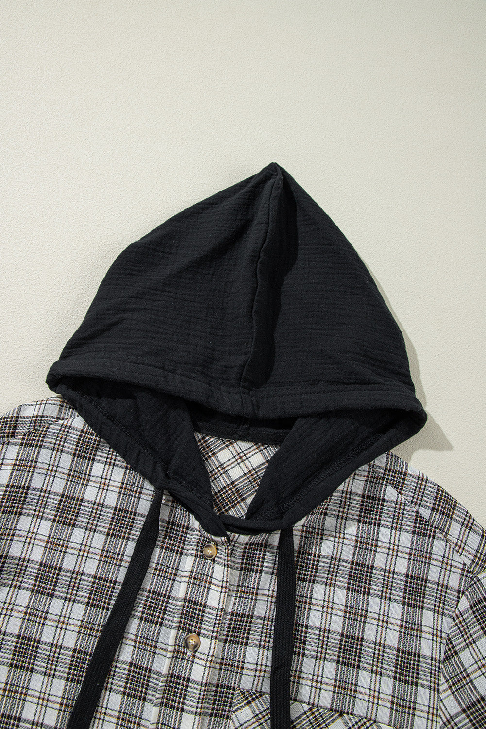 Black Checkered Print Loose Fit Buttoned Hooded Shacket eAura