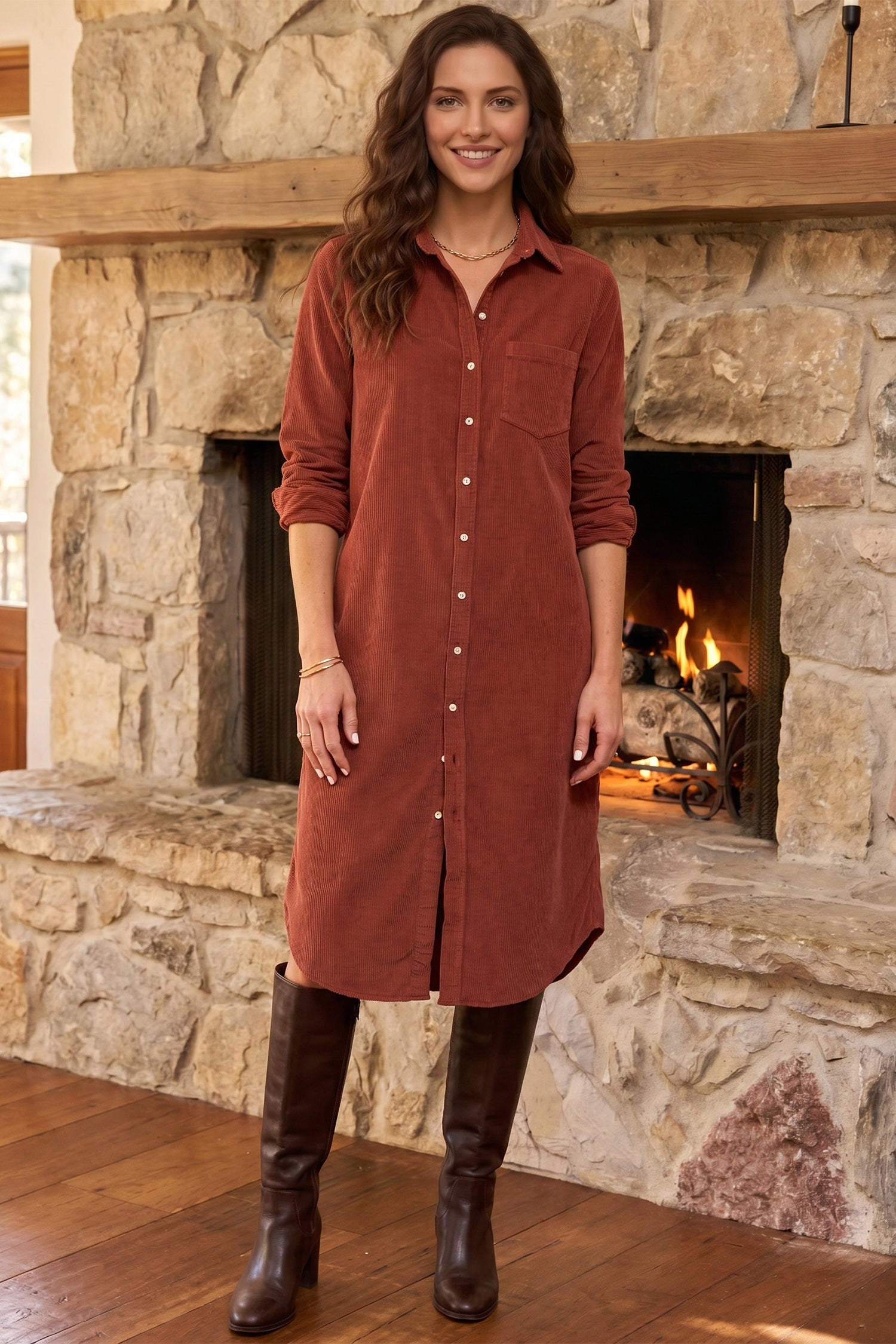 Long Sleeve Button Down Corduroy Midi Length One Piece Dress – Clay