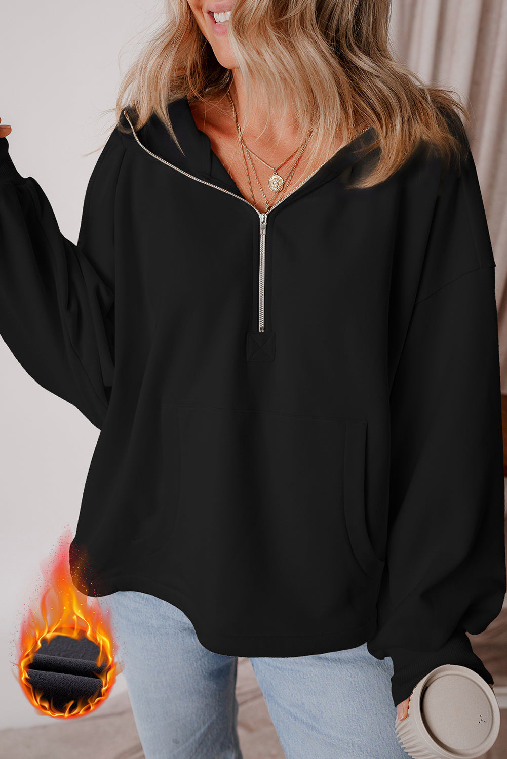 Black Fleece Lined Half Zipper Kangaroo Pockets Loose Hoodie eAura