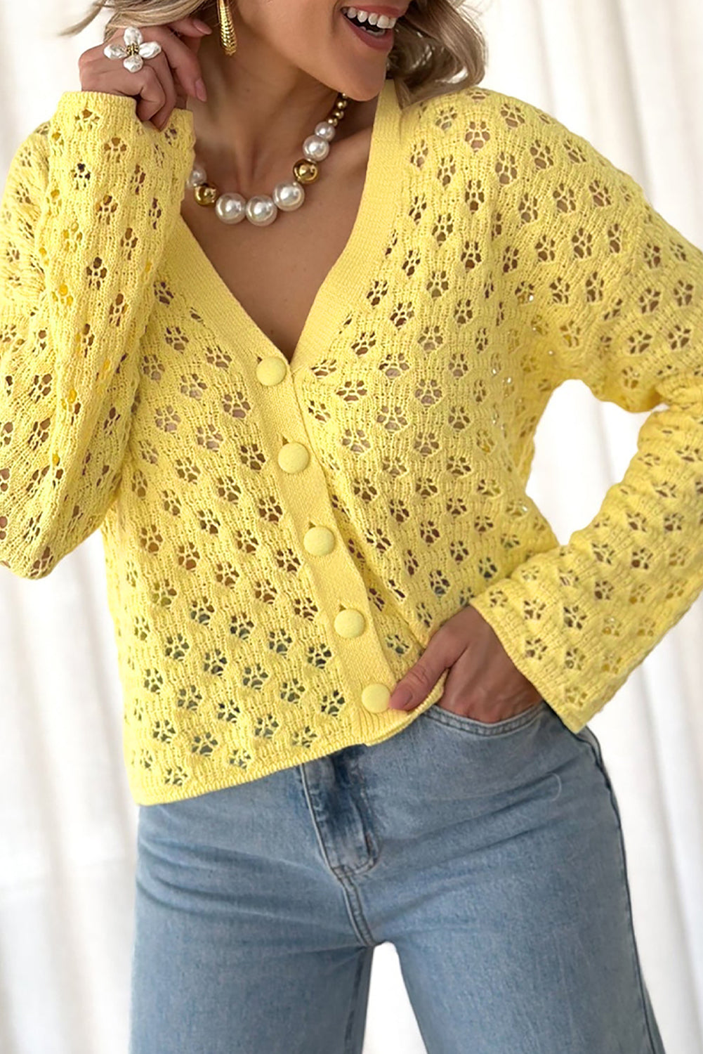 Yellow Pointelle Knit V Neck Sweater Cardigan - eAura