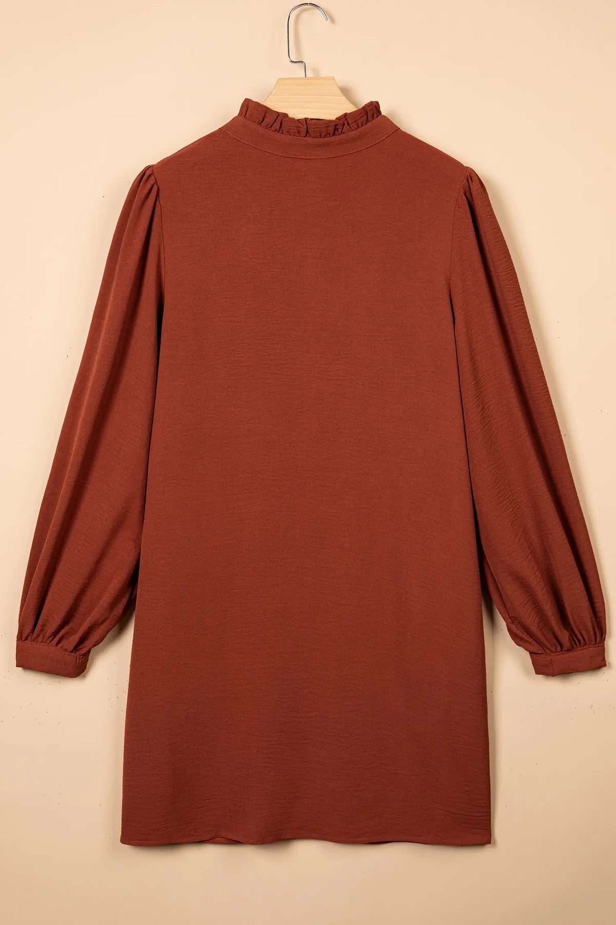 Coffee Solid Shift Long Sleeve Short Length One Piece Dress – Brown